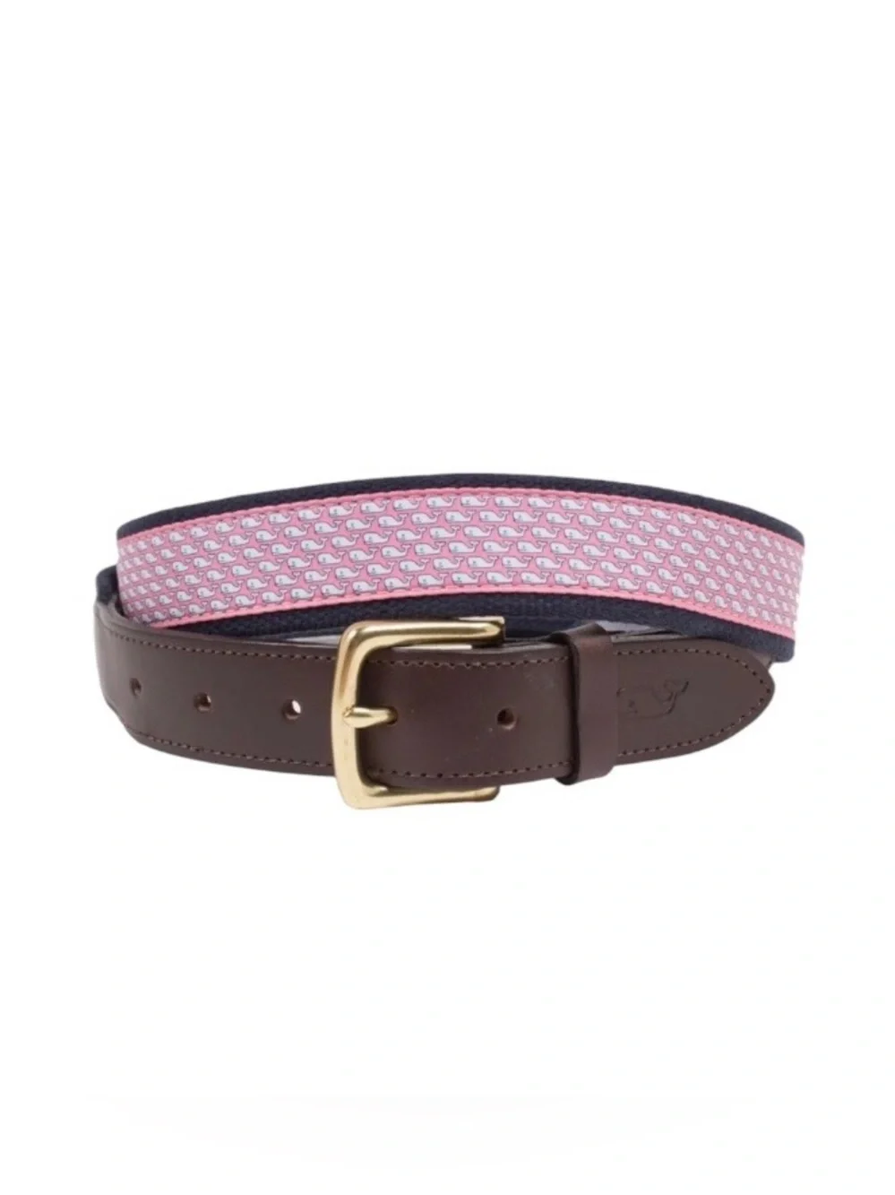 Vineyard Vines Pink Whale Pattern Web Belt with Brown Leather Men’s Sz. 30